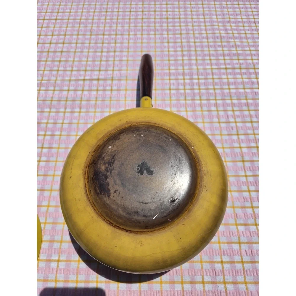 Vintage MCM Mustard Yellow Fondue Pot w Wood Handle Made in Japan 12